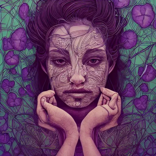 Image similar to the portrait of an incredibly beautiful woman made of potatoes roots and violets, an ultrafine detailed illustration by james jean, final fantasy, intricate linework, bright colors, behance contest winner, vanitas, angular, altermodern, unreal engine 5 highly rendered, global illumination, radiant light, detailed and intricate environment