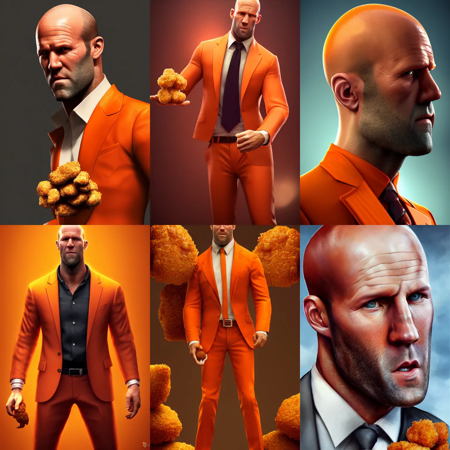 Prompt: ultrarealistic fantasy portrait jason statham wearing a orange suit made out of chicken nuggets with a chicken nugget in the top pocket intricate details, fantasy character octane render, cinematic lighting, volumetric lighting, artstation, dnd art, cgsociety, sharp focus, digital painting by artgerm, gerald brom, wlop