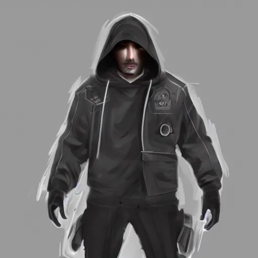 Image similar to concept art of a hacker in future wearing a hoodie, artstation