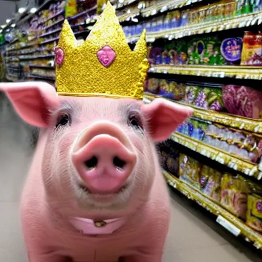 Image similar to cute pig wearing a gold crown as a Muppet 8k shopping at a grocery store