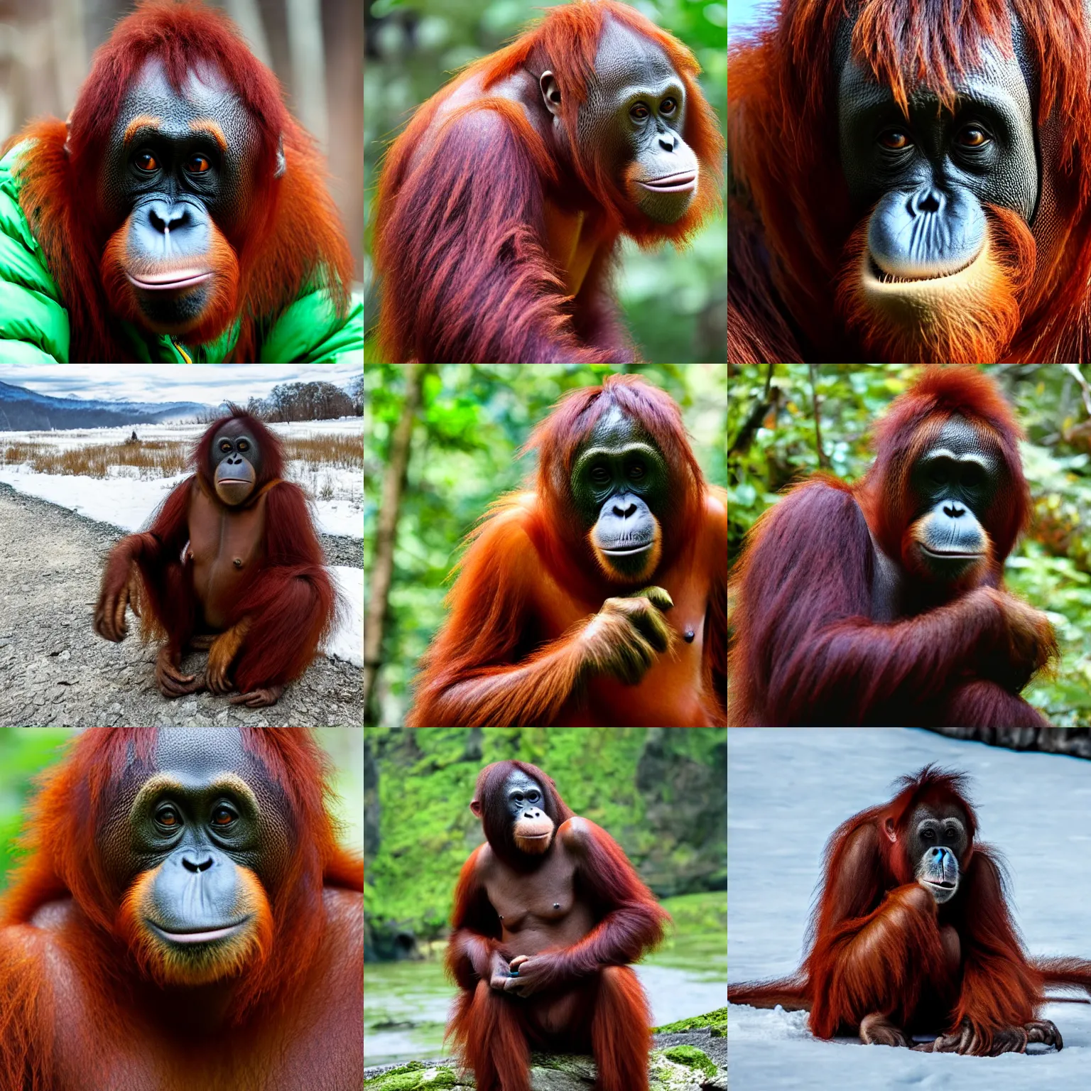 Prompt: an orangutan wearing a puffer jacket