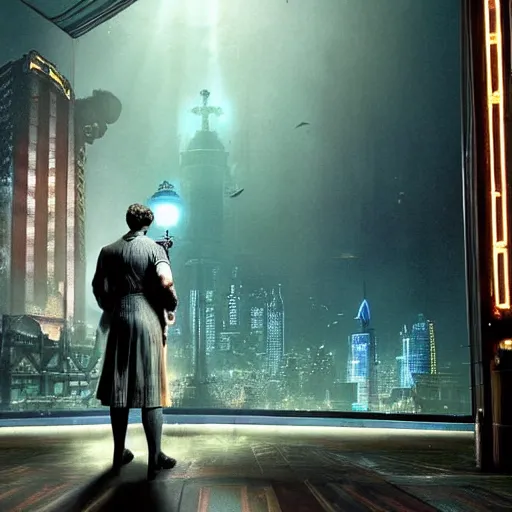 Image similar to a highly detailed cinematic photo from a live - action bioshock movie. andrew ryan, portrayed by evan peters, is shown standing in a 1 9 3 0's office with a large desk in front of a floor - to - ceiling window looking out onto the underwater city of rapture shining in the distance, sea life is shown outside of the window