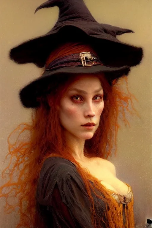 Image similar to a half body portrait of witch wearing witch dress and hat, high detail, cleary see face, by gaston bussiere, bayard wu, greg rutkowski, odd nerdrum, maxim verehin, dan dos santos, masterpiece, sharp focus, cinematic lightning