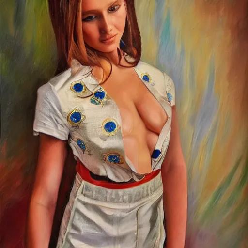 Image similar to hyperrealism oil painting of ukrainian model in vyshyvanka shirt