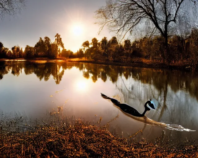 Image similar to a 4 k photorealistic photo of a swan swimming in a river, ripples, reflections. shady, trees bent over river.