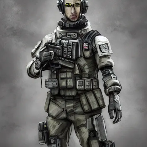 Image similar to a high definition photo realistic man wearing a trenchcoat, special forces, tactical gear, cosplay, mecha, science fiction, space opera, pinterest, dark fantasy, highly detailed, adobe photoshop