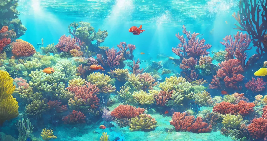 Prompt: An underwater scene, with beautiful weird friendly creatures, vibrant corals, lustful vegetation, volumetric lighting, god rays, by Tatsuro Kiuchi, 8k, wide angle, cute