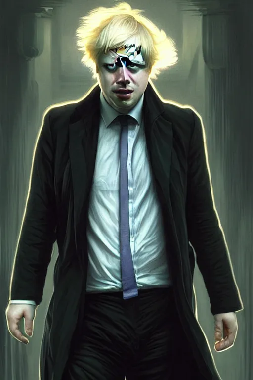 Image similar to Boris Johnson as Neo from Matrix, full body realistic portrait, highly detailed, muscular body, digital painting, artstation, concept art, smooth, sharp focus, illustration, cinematic lighting, art by artgerm and greg rutkowski and alphonse mucha