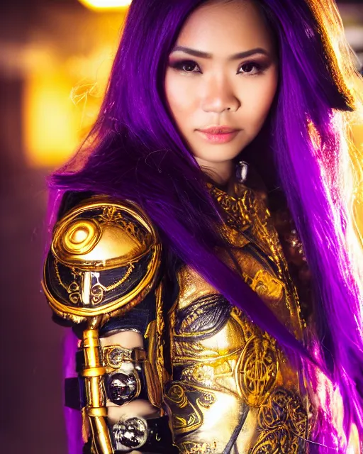 Prompt: a beautiful close up photo of a Filipina female with long hair and purple eyes, no helmet, wearing leather and gold futuristic steampunk costume , with ornate rune carvings and glowing lining, very detailed, shot in canon 50mm f/1.2