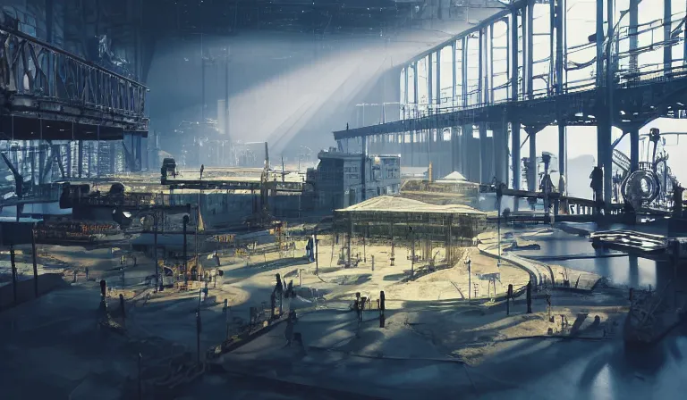 Prompt: group of people in simple warehouse, staring at hologram of futuristic city on a table, cinematic concept art, godrays, golden hour, natural sunlight, 4 k, clear details, tabletop model buildings, center model buildings, hologram center, crane shot, crane shot, crane shot