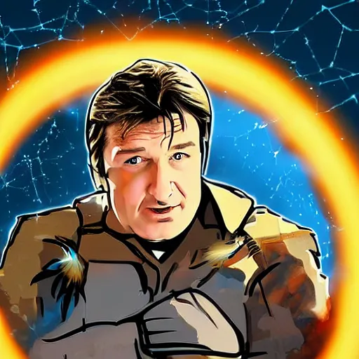 Prompt: Nathan Fillion protecting a bee hive portal into the web3 universe, digital art