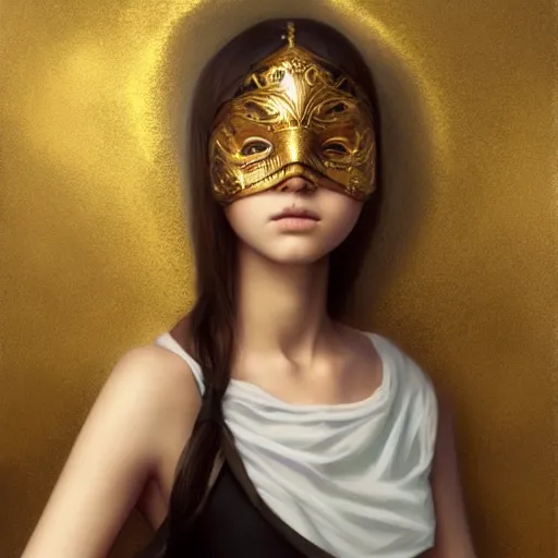 Prompt: 1 5 year old white girl with a white shirt that has one shoulder visible, wears black sports shorts and a golden mask on her face, intricate, highly detailed, digital painting, artstation, concept art, smooth, sharp focus, illustration, unreal engine 5, 8 k, art by artgerm and greg rutkowski and alphonse mucha