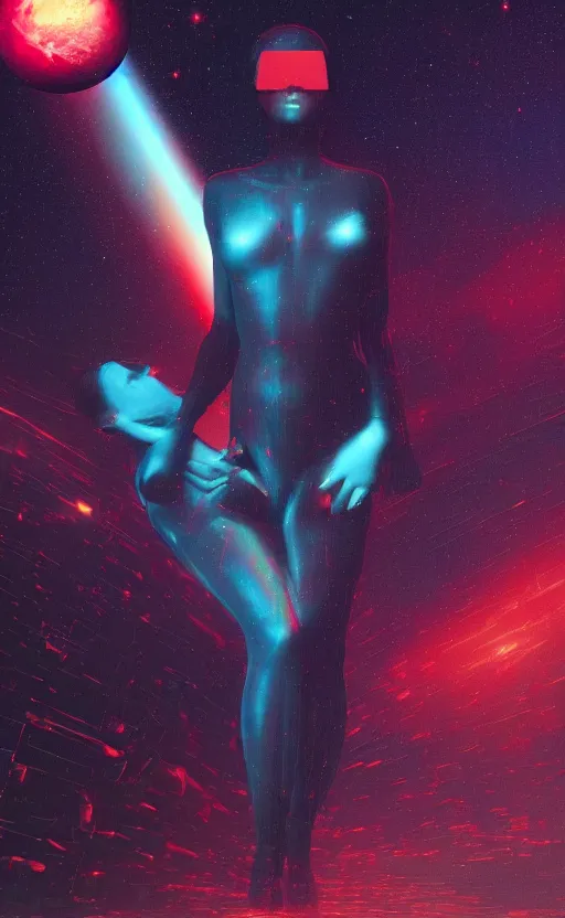 Image similar to a love affair with doubt, dark retrowave, glitch art, interstellar, beautifully lit, by Thomas Blackshear, artstation, unreal engine