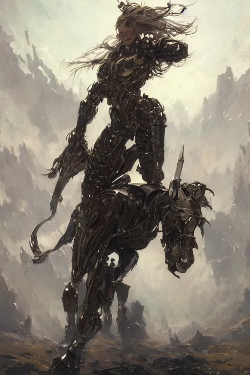 Prompt: portrait full body girl metal armor and metal horse poses beautifull face no blur painting by gaston bussiere, greg rutkowski, yoji shinkawa, yoshitaka amano, tsutomu nihei, donato giancola, tim hildebrandt, digital painting, trending on artstation, featured on pixiv, cinematic composition, 8 k