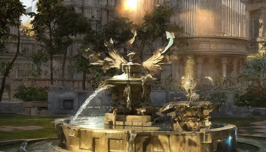Prompt: craig mullins illustration of an art deco sculpture of the sun on top of a fountain in a garden, unreal engine, hyper realism, realistic shading, cinematic composition, realistic render, octane render, detailed textures, photorealistic, wide shot