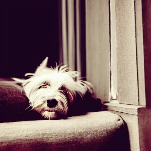 Prompt: a photograph of an old yorkish terrier sleeping on a couch below a window