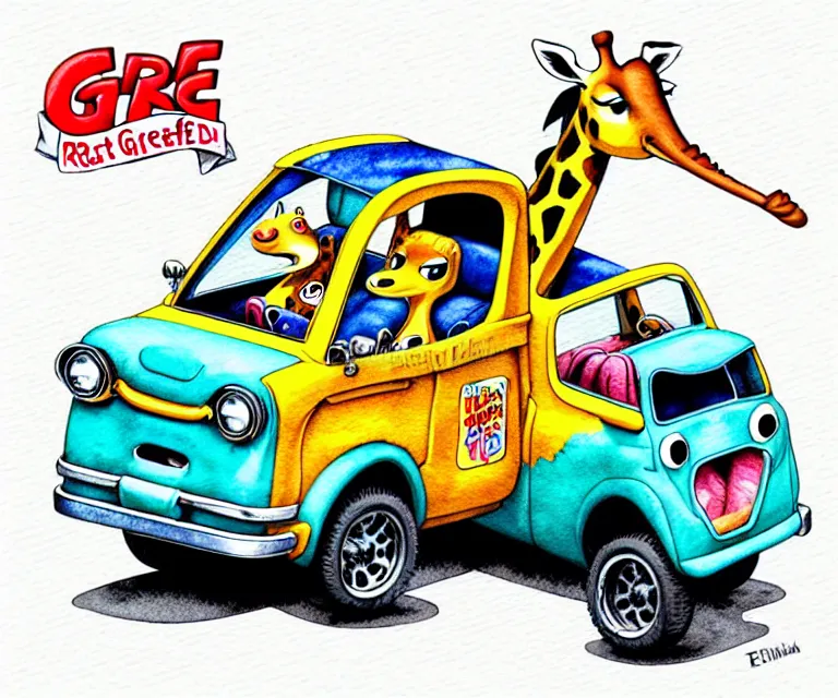 Image similar to cute and funny, giraffe riding in a tiny hot rod with oversized engine, ratfink style by ed roth, centered award winning watercolor pen illustration, isometric illustration by chihiro iwasaki, edited by range murata, tiny details by artgerm and watercolor girl, symmetrically isometrically centered, focused