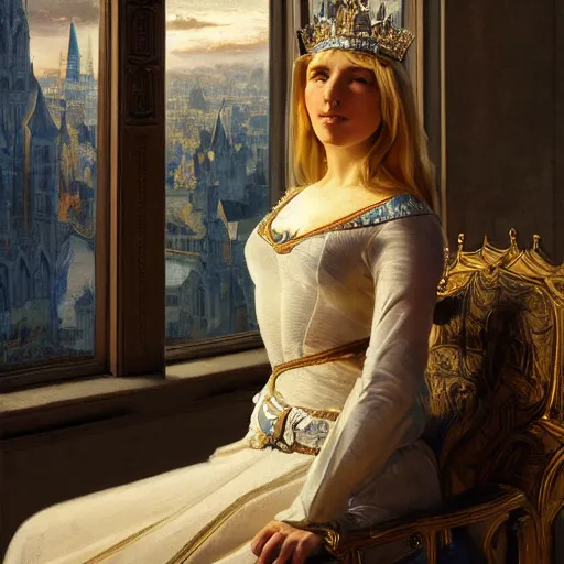 Prompt: kneeling before a proud queen, sitting in a chair while posing for a photo, medieval art, medium shot, intricate, elegant, highly detailed, digital painting, volumetric light, artstation, concept art, smooth, sharp focus, illustration, art by Gil Elvgren and Greg Rutkowski and Alphonse Mucha, 8K