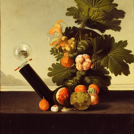 Prompt: gravity bong with weed in still life. dutch masters, 1 8 th century. oil on canvas