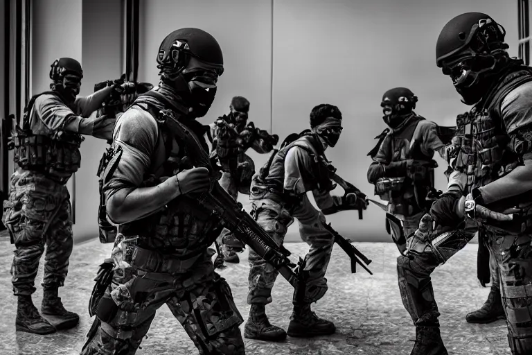 Image similar to Mercenary Special Forces soldiers in grey uniforms with black armored vest and black helmets raising a mansion in 2022, Canon EOS R3, f/1.4, ISO 200, 1/160s, 8K, RAW, unedited, symmetrical balance, in-frame, combat photography