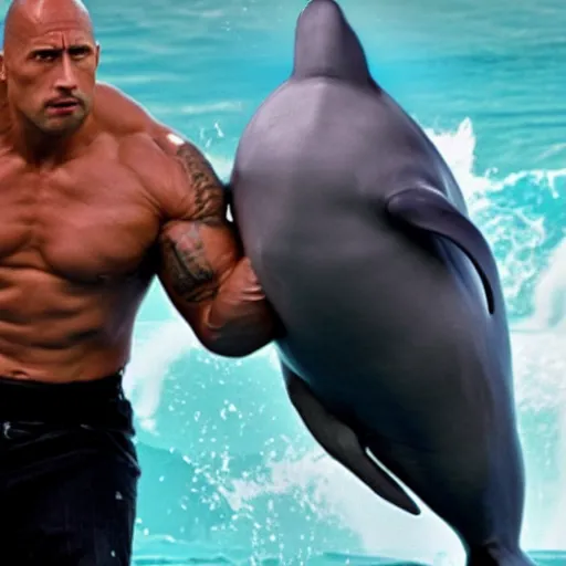 Prompt: Dwayne Johnson beating upa flipper dolphin, realistic, masterpiece, beautiful lighting, cinematic, The Rock, muscles, strong man