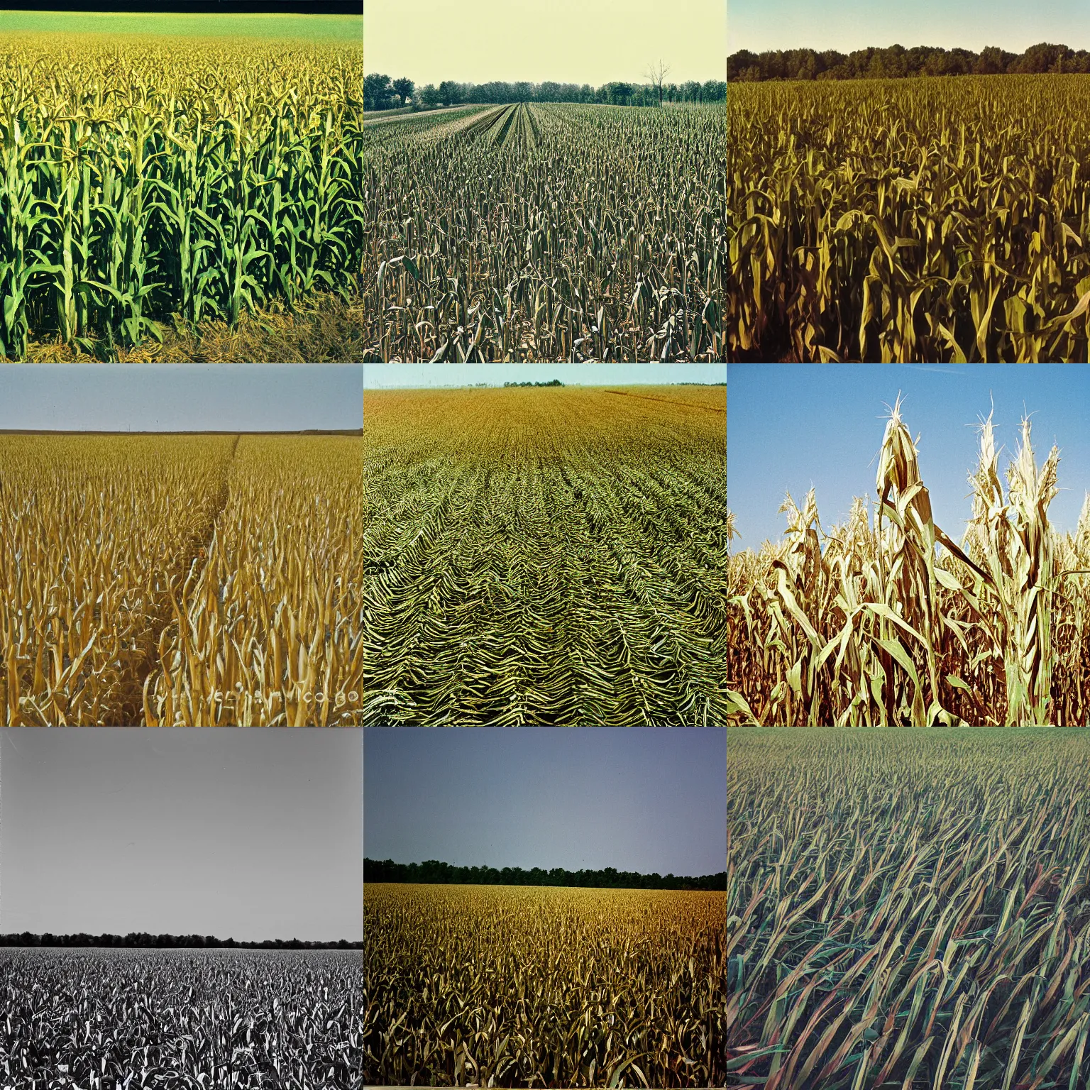 Prompt: corn field in american realism style color photograph, 1970s