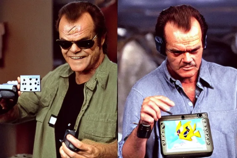 Image similar to Jack Nicholson as Terminator is playing Pokemon on gameboy