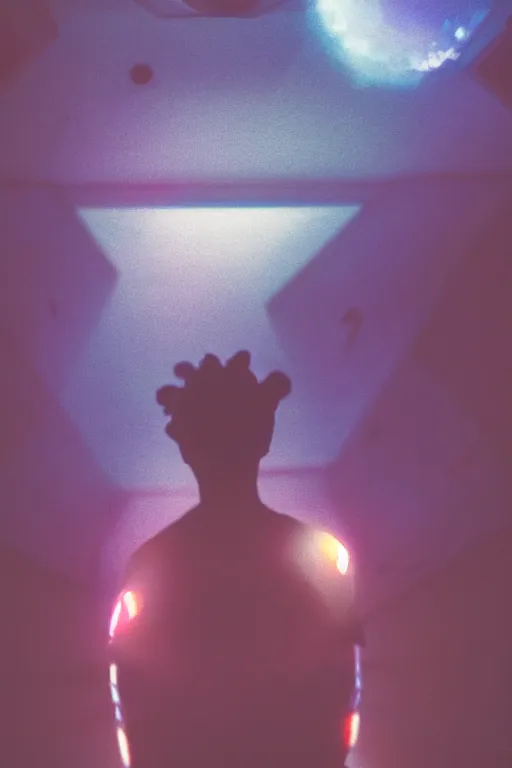 Prompt: agfa vista 4 0 0 photograph of a meso american guy on a spaceship, ancient yet futuristic, synth vibe, vaporwave colors, lens flare, flower crown, back view, moody lighting, moody vibe, telephoto, 9 0 s vibe, blurry background, grain, tranquil, calm, faded!,