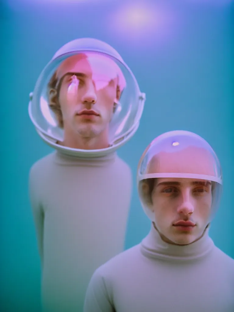 Prompt: high quality pastel coloured film portrait photograph of a beautiful young 2 0 year old male, soft facial features, short hair, perspex space helmet and oversized inflated clothing!! icelandic black rock pool environment. atmospheric three point light. photographic. art directed. ( pastel colours ). volumetric. clearcoat. waves. 8 k. filmic.