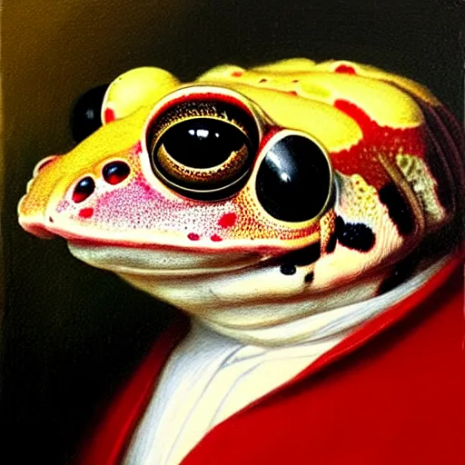 Image similar to a head and shoulders portrait painting of an anthropomorphic!!!!!!!!!! amazon milk frog!!!!!!!!!! wearing a colonial outfit without a hat looking off camera, a character portrait, american romanticism, oil on canvas, soft focus