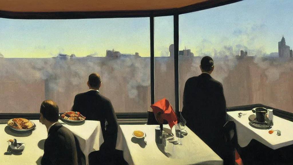 Prompt: 911 terrorist attacks with a plane, explosion and smoke, as seen from the window of a luxury hotel while a couple eats breakfast, by Edward Hopper, high-resolution painting