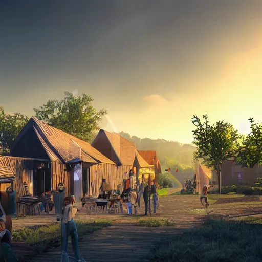 Image similar to a very realistic digital art rendering and concept design of a modern village, with magnificent volumetric lighting, three dimensions, a digitally transformed environment, ui design, 3d modeling, illustration, and transport design