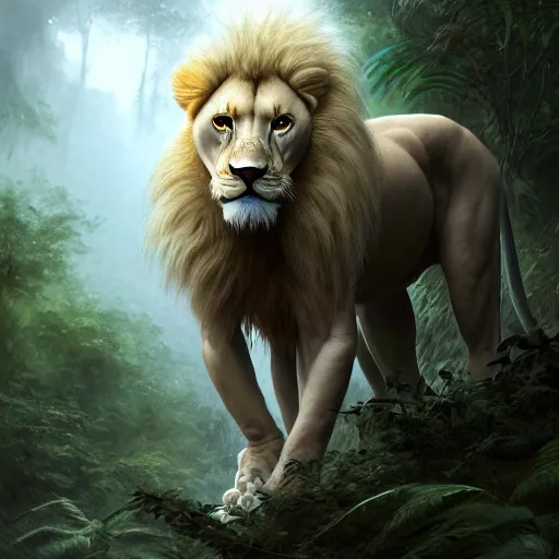 Image similar to commission portrait of a male anthro albino lion,wearing cargo pants and a boack t-shirt,going through a jungle cautiously.dramatic,character design by charles bowater,greg rutkowski,ross tran,hyperdetailed,hyperrealistic,4k,deviantart,artstation,professional photography,concept art