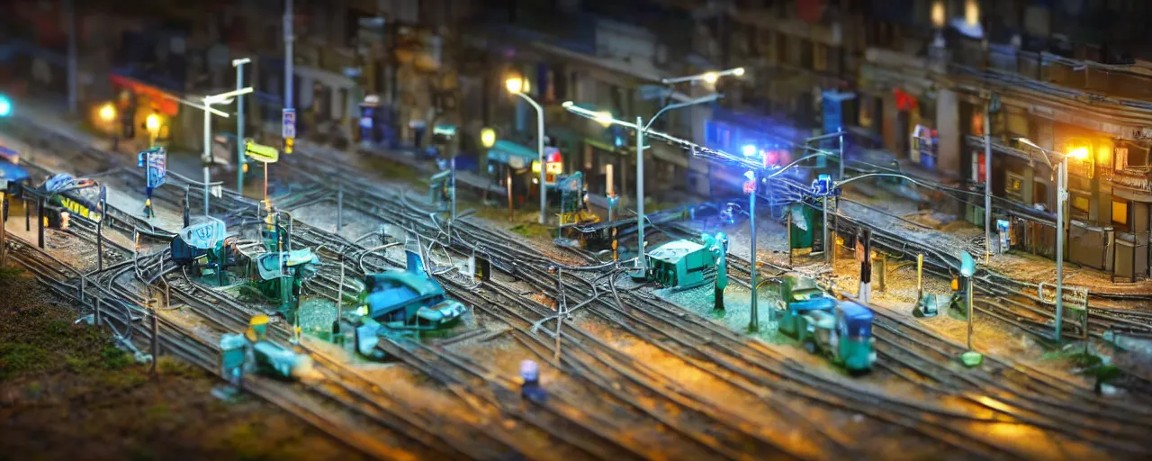 Image similar to mega detailed miniature voxel diorama of futuristic railway junction, modern architecture, tilt shift, industrial lights, by night clean and sterile atmosphere, row of street lamps with cold blue light, several trains nearby, near future 2 0 3 0