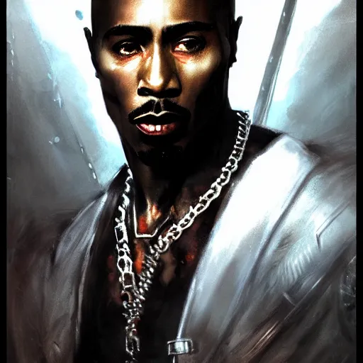 Image similar to 2 pac, darkwave, darksynth, concept headshot art, sharp, digital matte painting, art by luis royo, greg rutkowski, wlop, dramatic lighting, trending on artstation