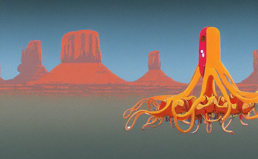 Image similar to a realistic cell - shaded studio ghibli concept art from paprika ( 2 0 0 6 ) of a flying intelligent multi - colored mechanical octopus from close encounters of the third kind ( 1 9 7 7 ) in a flooded monument valley. very dull colors, wide shot, hd, 4 k, hq