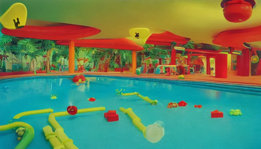 Image similar to 60s movie still of a Super Mario themed indoors swimming pool with plastic super mushrooms, green pipe water slides, plastic palm trees, cheap fluorescent lighting cinestill 800t 50mm eastmancolor, liminal Space style, heavy grain