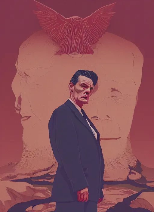 Image similar to Twin Peaks movie poster artwork by Michael Whelan and Tomer Hanuka, Rendering of Evil Cooper, from a scene from Twin Peaks, clean, full of detail, Matte painting, trending on artstation and unreal engine