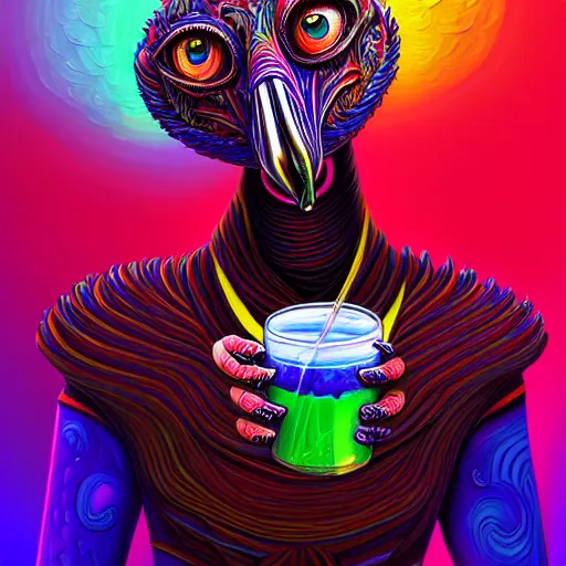 Prompt: an extremely psychedelic wideshot of an ibis drinking juice and playing american football, surreal, lsd, face, detailed, intricate, elegant, lithe, highly detailed, digital painting, artstation, concept art, smooth, sharp focus, illustration