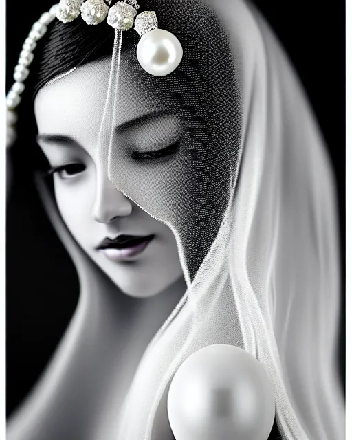 Image similar to black and white dreamy young beautiful veiled female artificial intelligence, realistic pearl ornament in the face, long hair are intricate with highly detailed realistic pearls, cinematic, rim light, bokeh, photo - realistic, elegant, high detail, 8 k, masterpiece, photo taken in 1 9 3 0