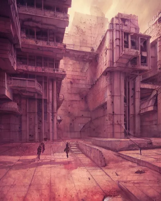 Image similar to hyperrealistic 3d render high quality baroque mecha!! iridescent pink brutalist city ruins background concept art vray! santiago caruso de chirico sharp cinematic light 8k low angle shallow depth of field