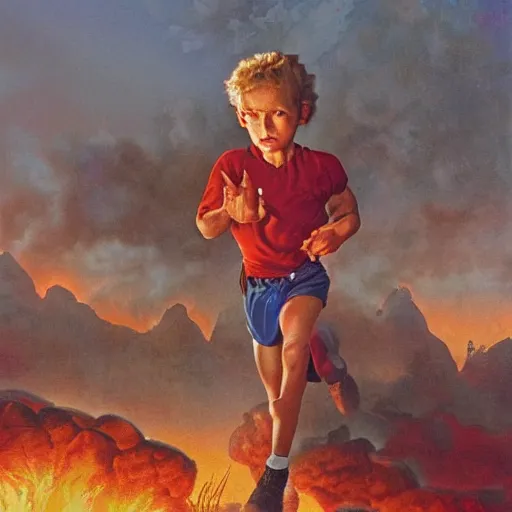 Image similar to a running child surrounded covered, lightning, vapor, mist, smoke, blood drops, fire, a highly detailed matte painting by John Philip Falter and Jason Edmiston