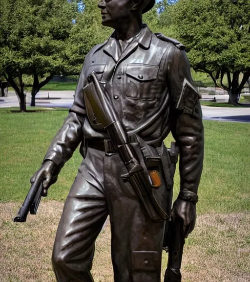 Image similar to a 4 k photorealistic photo medium shot of a bronze statue of an american soldier holding a rifle in a park