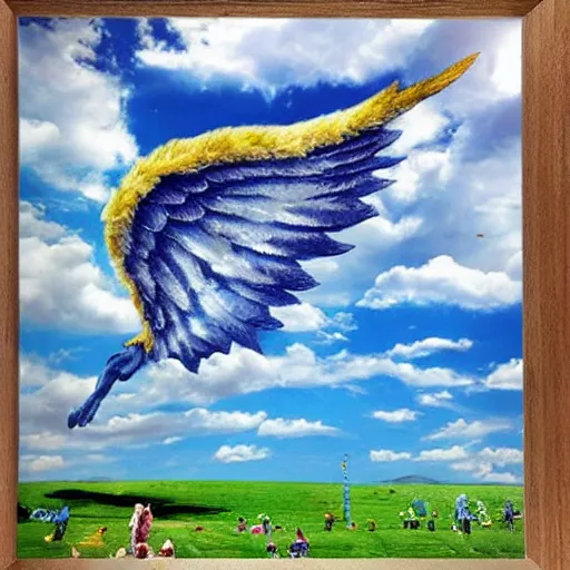 Image similar to bright blu sky. fluffy clouds. angels with big wings wake - up