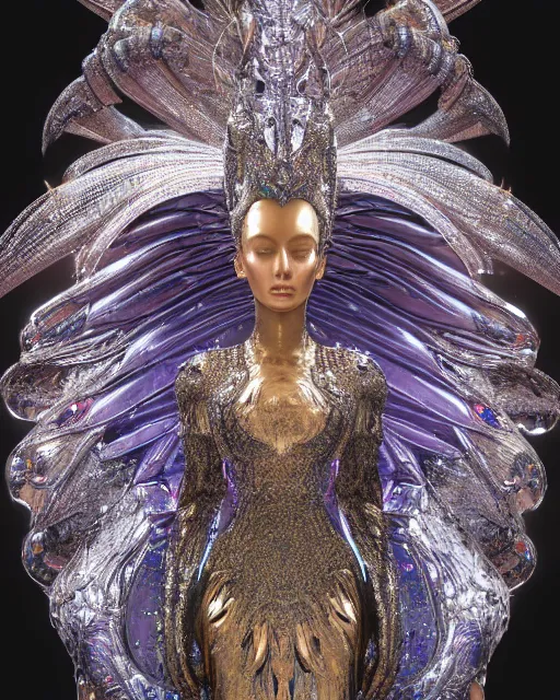 Image similar to a highly detailed metahuman 4 k close up render of an alien goddess bella hadid monument guardian angel in iris van herpen dress schiaparelli in diamonds crystals swarovski and jewelry iridescent in style of alphonse mucha gustav klimt trending on artstation made in unreal engine 4