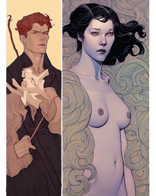 Image similar to artwork by James Jean and artwork by Phil noto and artwork by Rebecca guay of a handsome man and a beautiful woman back to back