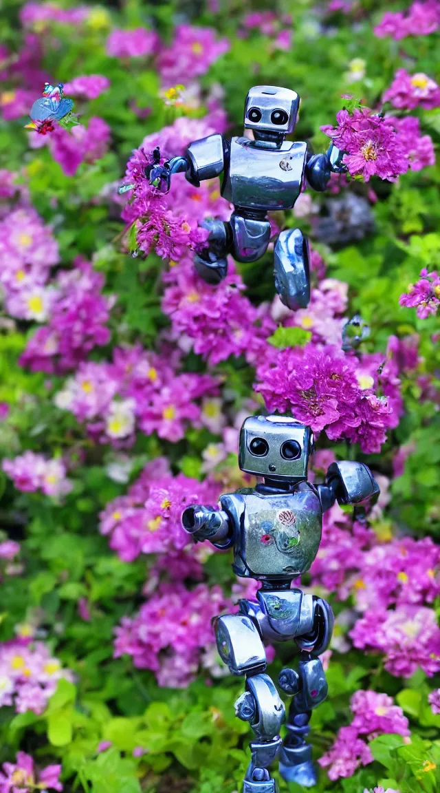 Image similar to toy robot in a garden, hyper detailed, sharp focus, bokeh, unreal engine, ray tracing, cute, fantasy, sci fi, purple flowers, tiny, small, hyper realistic