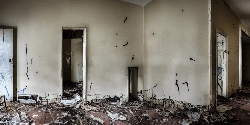 Prompt: abandoned psychiatric ward with paint peeling of the walls, dirty floor, broken wheelchair, at night, photography