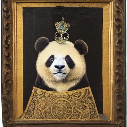 Image similar to a renaissance style portrait of a wild panda wearing a crown and a cape, dark background