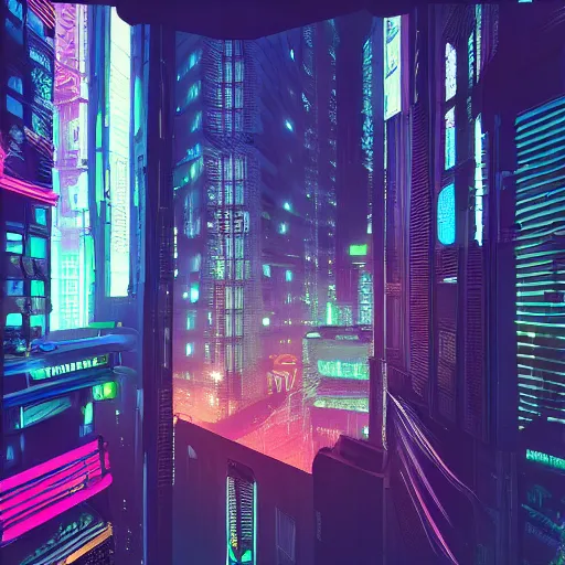 Prompt: looking outside from a penthouse suite in the middle of a cyberpunk city at night by beeple, neon lights, very detailed, flying cars, blade runner 2 0 4 9